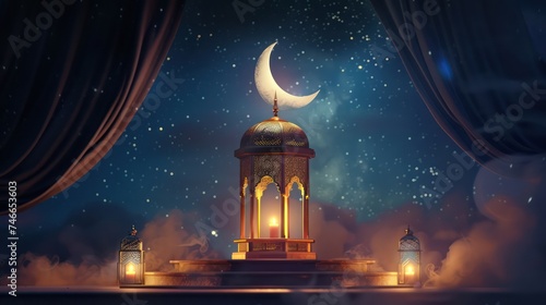 3D Ramadan Kareem background featuring lanterns and the moon