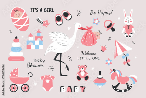 A children's set with a cute stork and a baby, a set of toys and inscriptions. Vector illustration for a newborn girl