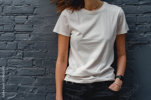 Chic Street Style: Modern Woman in Classic White Tee Leaning on Brick Wall