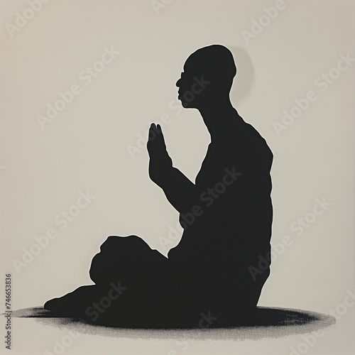 black silhouette of muslim man praying in front of a white background