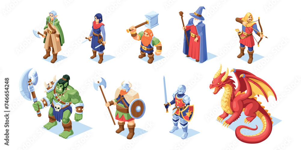 Obraz premium Vector Medieval Fairy Tale Characters Isometric Set llustration Isolated