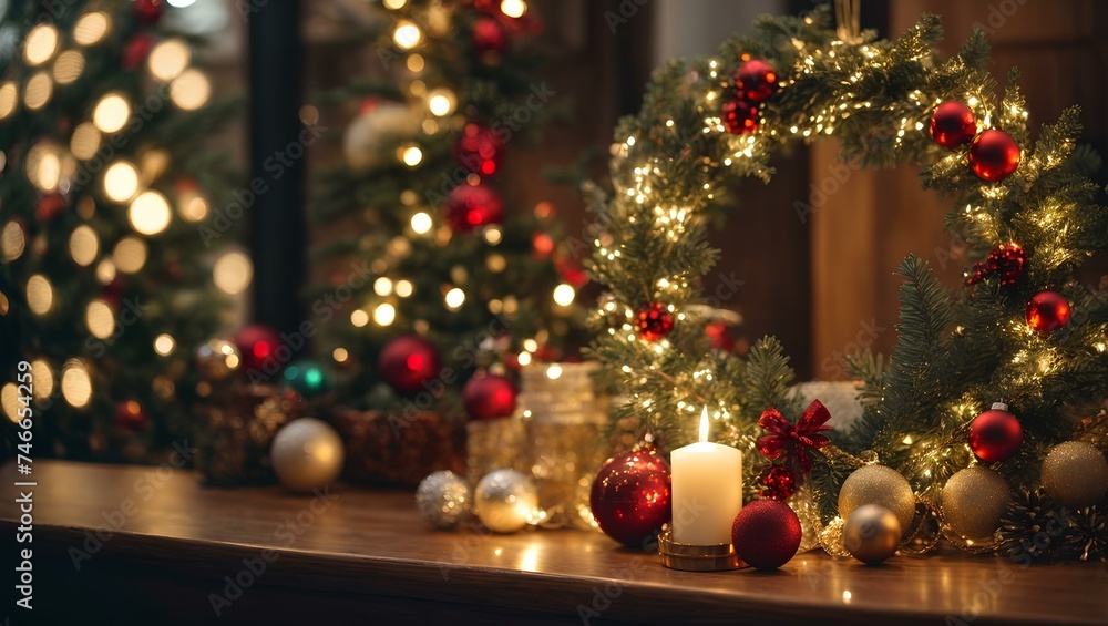 Festive decorations with candles and colorful Christmas balls on the table