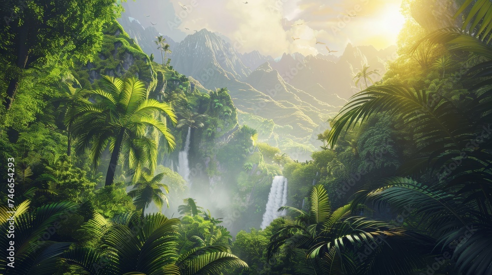Lush Jungle Landscape with Sunlight Piercing through Mist and Waterfalls