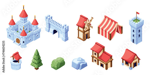 Vector Medieval Fairy Tale Building Isometric Set Ilustration Isolated