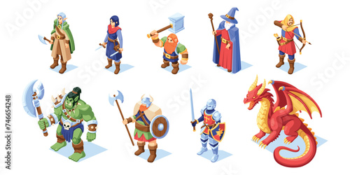 Vector Medieval Fairy Tale Characters Isometric Set llustration Isolated