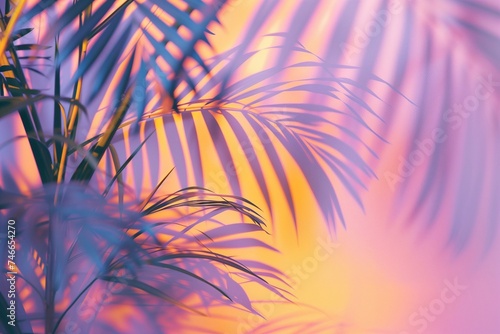 Tropical palm tree leaves on a holographic wall with vibrant colors