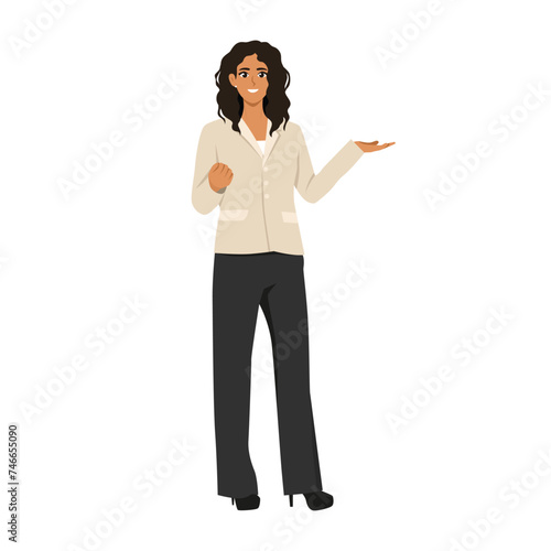 Young businesswoman showing something or doing presentation. Flat vector illustration isolated on white background