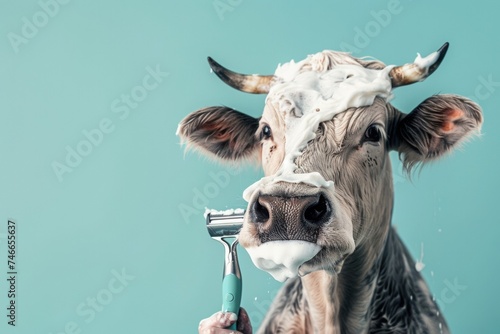 Cow with shaving foam and razor. AI generative art photo