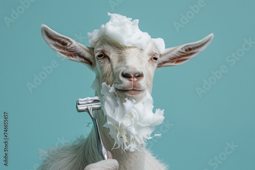 Goat with shaving foam and razor. AI generative art photo