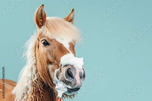 Horse with shaving foam and razor. AI generative art photo