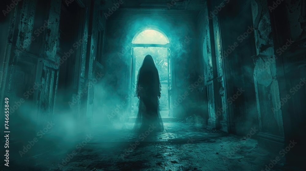Black female ghost silhouette. Beautiful scary horror scene. Mystery cloak man inside old ancient gothic castle. Creepy woman shadow. Girl spirit walk indoor. Mysterious person stroll in foggy house.