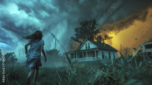 Child running toward house with looming tornado in background.