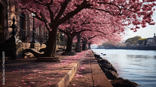 a pink blossom tree lining the sidewalk in a park, in the style of romantic riverscapes, made of wrought iron, manapunk photo