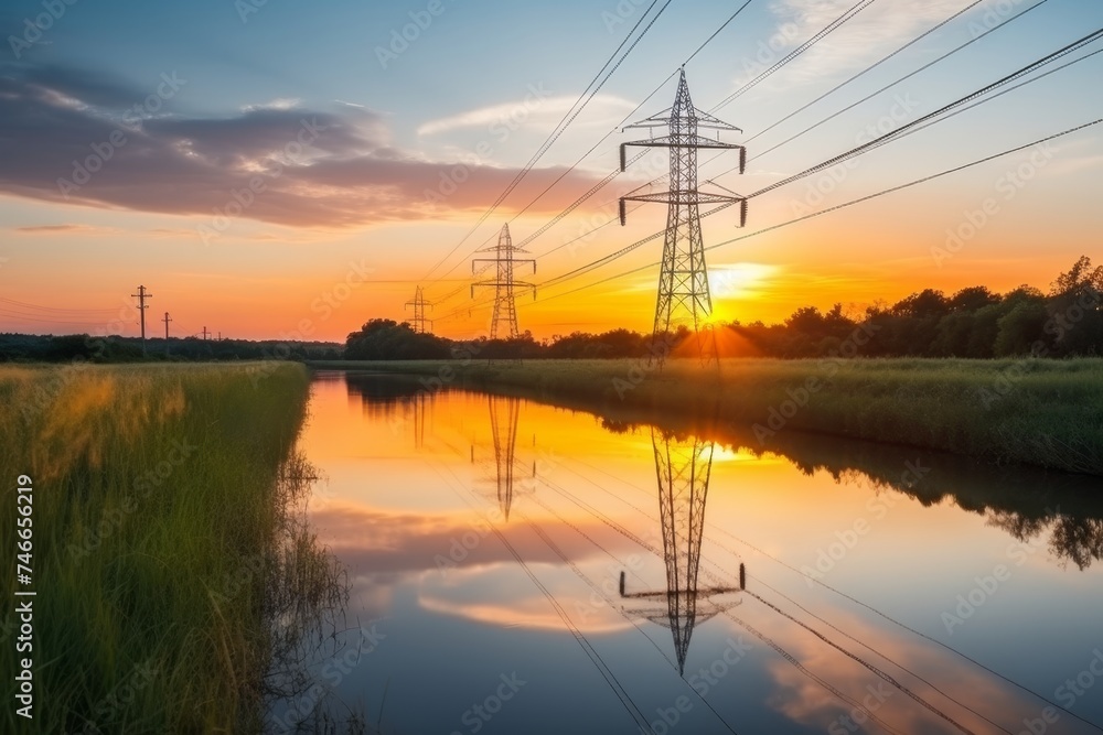High voltage electric tower silhouette at sunset, industrial power structure on dusk background