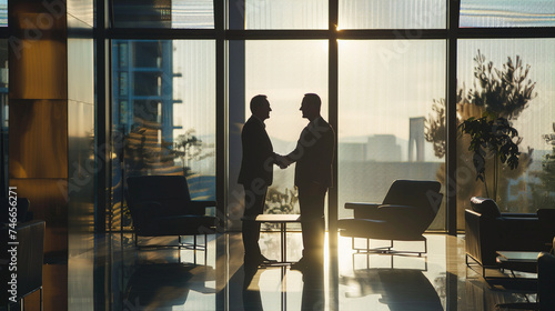 In the serene setting of a conference room, two businessmen share a handshake, their eyes meeting with determination and respect as they finalize a deal that promises mutual succes