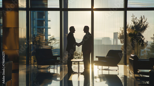 In the serene setting of a conference room, two businessmen share a handshake, their eyes meeting with determination and respect as they finalize a deal that promises mutual succes photo