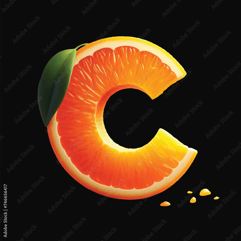 Vitamin C, Letter C made of slice Orange citrus fruits and leas Vector EPS 10 illustration. C shape isolated on background, Orange fruit icon. - obrazy, fototapety, plakaty 