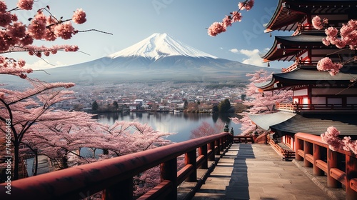 a pink pagoda is seen in front of cherry trees and a mountain, in the style of red and azure,photography, grandiose cityscape views, white and blue, piles/stacks, historical inspiration, mountainous v photo