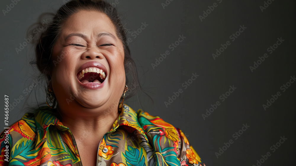 A Pacific Islander woman with Down syndrome laughing happily, expressing joy and mirth. Learning Disability. A Pacific Islander woman with Down syndrome laughing happily, expressing joy and mirth. Learning Disability.