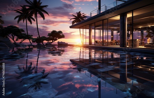 a pool at sunset in the evening, in the style of mirror rooms, impressive skies, polished concrete, timeless elegance, light indigo and gray, ethereal seascapes, 32k uhd