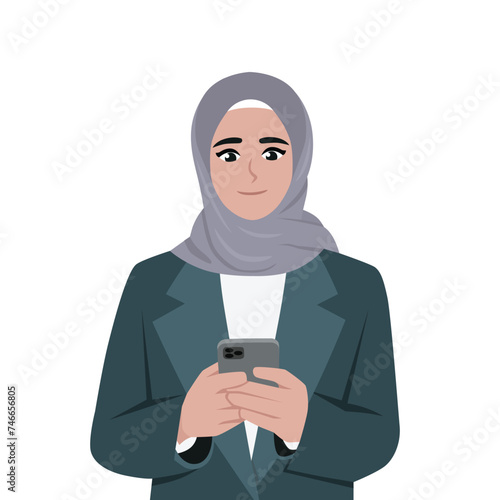 Young Muslim Woman typing on her smartphone. Flat vector illustration isolated on white background