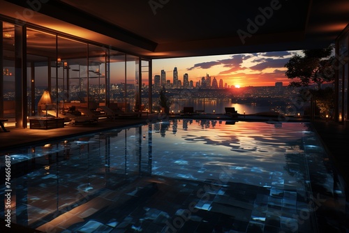a pool is next to a huge city in the distance, in the style of exquisite lighting, 32k uhd, dark orange and blue, seaside vistas, romantic emotivity, princesscore