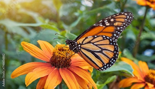 bright orange flowers and monarch butterfly in the summer garden magical macro image