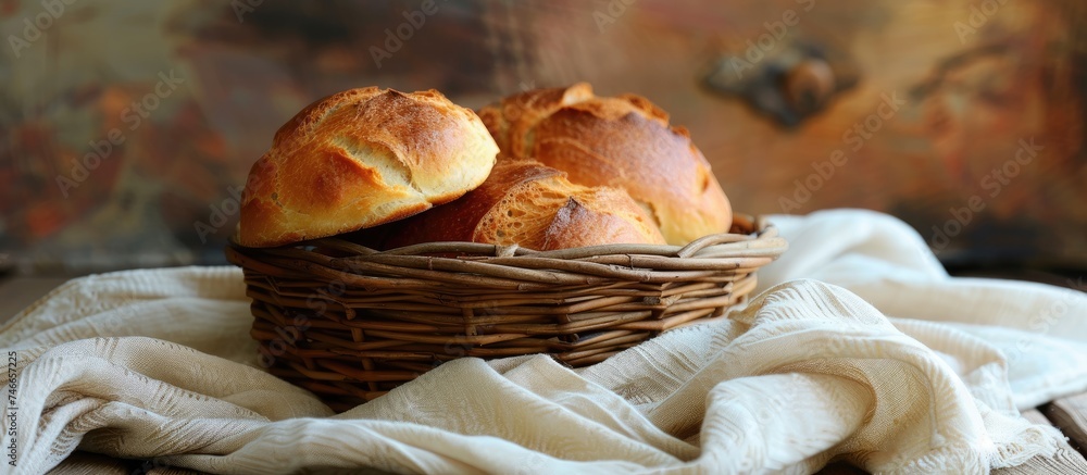 A wicker basket filled with an assortment of freshly baked bread sits atop a wooden table, showcasing the traditional charm and origins of the bread-making process.