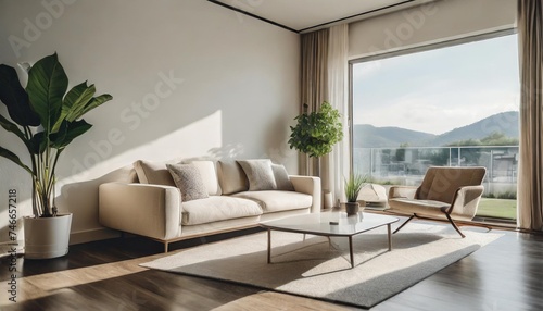 modern minimal clean clear contemporary living room home interior design daylight background beige white sofa couch in living room daylight from window freshness moment mock up interior