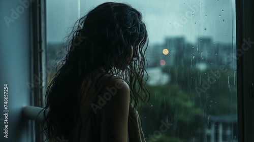 Sad woman in the rain, Depression Health concept, mental health and teraphy photo