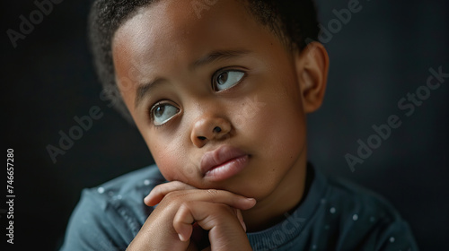 A biracial boy with Down syndrome looking thoughtful and contemplative, with a hand on his chin. Learning Disability.