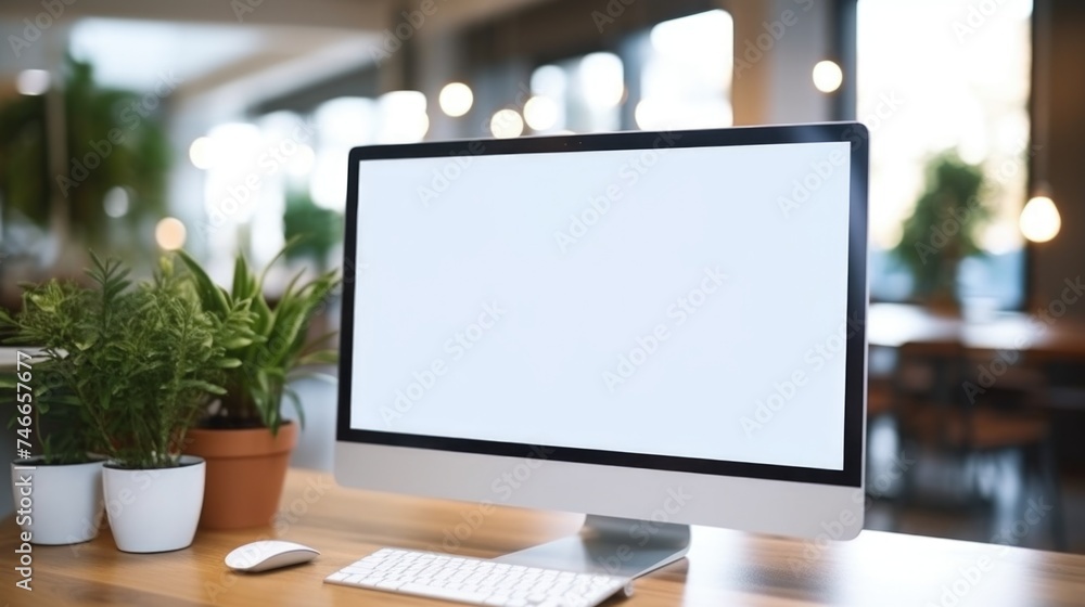Fototapeta premium A computer monitor on a wooden desk. Suitable for office or technology concepts