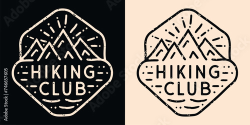 Hiking club squad crew group team gang. Retro vintage badge emblem logo. Mountains hiker outdoorsy family friends girls trip minimalist illustration. Vector text for shirt design clothing and print.