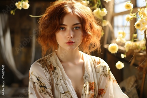 a pretty woman with short red hair crouching on wooden bridge in the grass, gossamer fabrics, punk, soft, dream-like quality, light yellow and light white, light gold and sky-blue, simple and elegant 