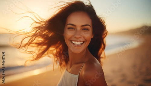 Portrait of a happy young woman on the beach at sunset. Enjoying life on vacation. Woman with a happy face. People on vacation. Relaxing on vacation. Leisure time. Tourism and travel. Holiday.