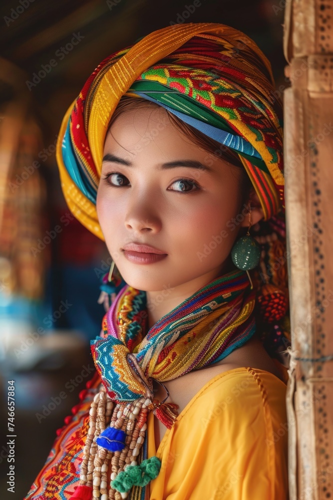 A woman wearing a colorful head scarf and earrings. Suitable for fashion blogs or cultural diversity concepts