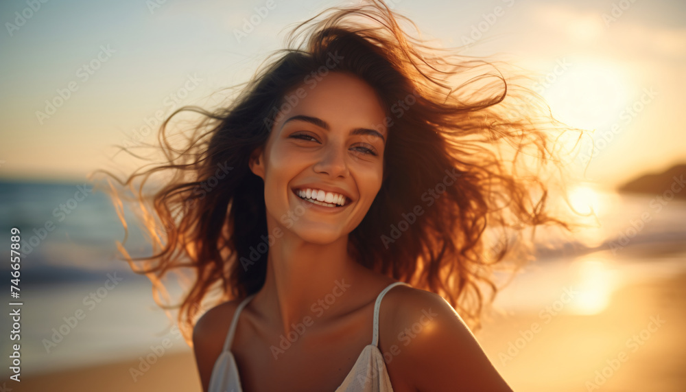 Portrait of a happy young woman on the beach at sunset. Enjoying life on vacation. Woman with a happy face. People on vacation. Relaxing on vacation. Leisure time. Tourism and travel. Holiday. Portrait of a happy young woman on the beach at sunset. Enjoying life on vacation. Woman with a happy face. People on vacation. Relaxing on vacation. Leisure time. Tourism and travel. Holiday.