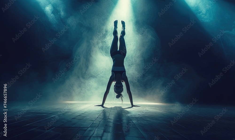 Female gymnast on dark background of studio with backlight. Acrobatic girl performing handstand.