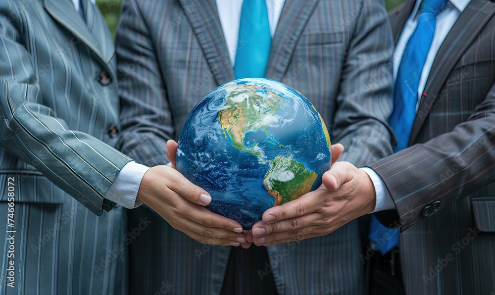 Group of business people hold planet Earth globe together as Earth day concept. Mission to save Earth by business commitment to environment friendly methods and sustainable practices. Group of business people hold planet Earth globe together as Earth day concept. Mission to save Earth by business commitment to environment friendly methods and sustainable practices.
