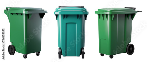 Set of three big green plastic trash garbage bins. Isolated elements. No public trash on the side of the road. Garbage disposal, disposal of waste concept.