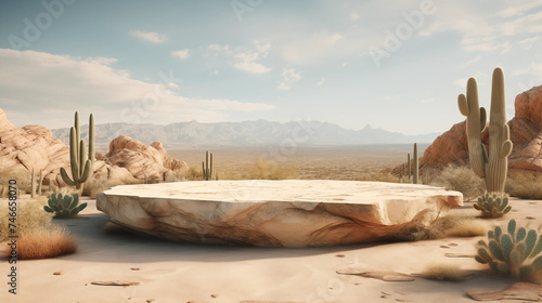 Stone podium on the background of Mexican Desert Landscapes. Product placement. Generative AI	