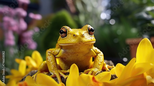 A yellow frog sitting on top of a yellow flower. Suitable for nature and wildlife concepts