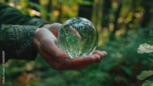 A person holding a glass ball. Suitable for various concepts and designs