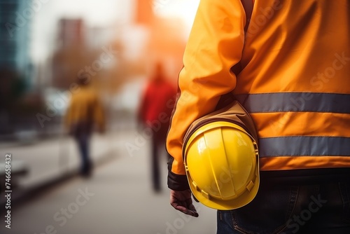 Close-up of maintenance worker carrying a bag and tool kit worn on waist at worksite