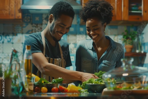 A man and a woman preparing food in a kitchen. Ideal for cooking or relationship concepts