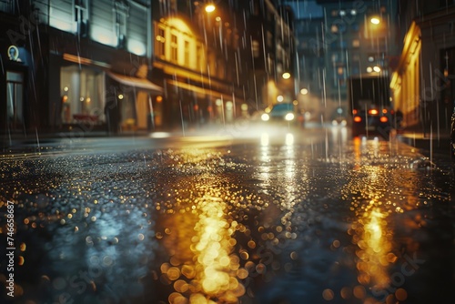 Urban scene with wet pavement, suitable for cityscape projects