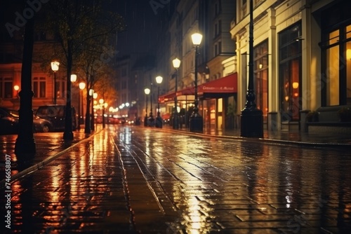 A nighttime scene of a wet street with glowing lights. Ideal for urban or rainy day concepts