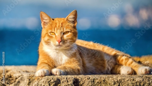 yellow feral cat resting under the sun at the seaside