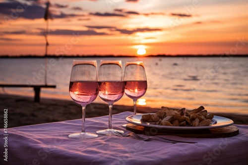 Romantic sunset dinner on beach for honeymoon couple with luxurious food and sea view