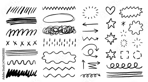 Scribble doodle underline emphasis line shape set. Hand drawn brush stroke highlight speech bubble cloud sparkle arrow element in childish drawing style. Simple vector illustrations. photo